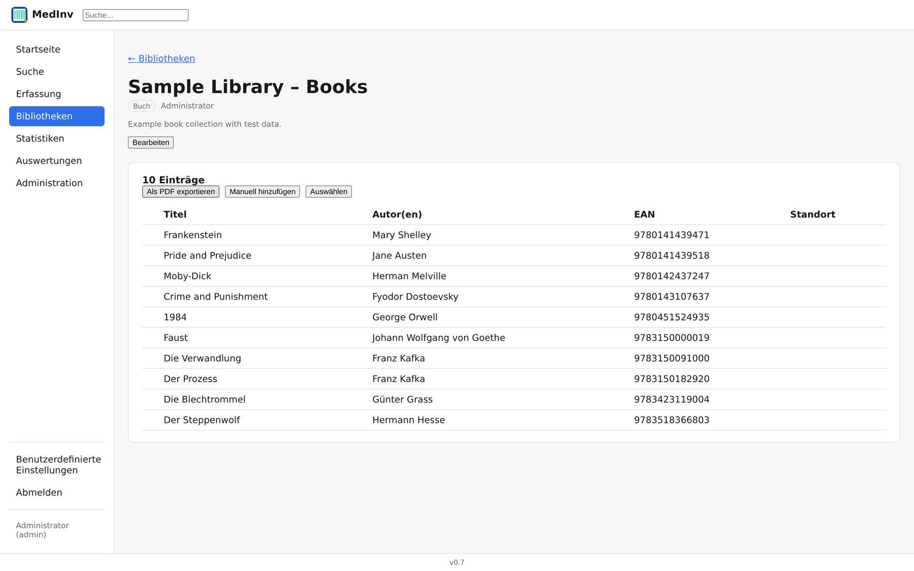 Bibliotheksansicht mit Titelliste, Autor und EAN, sowie PDF-Export