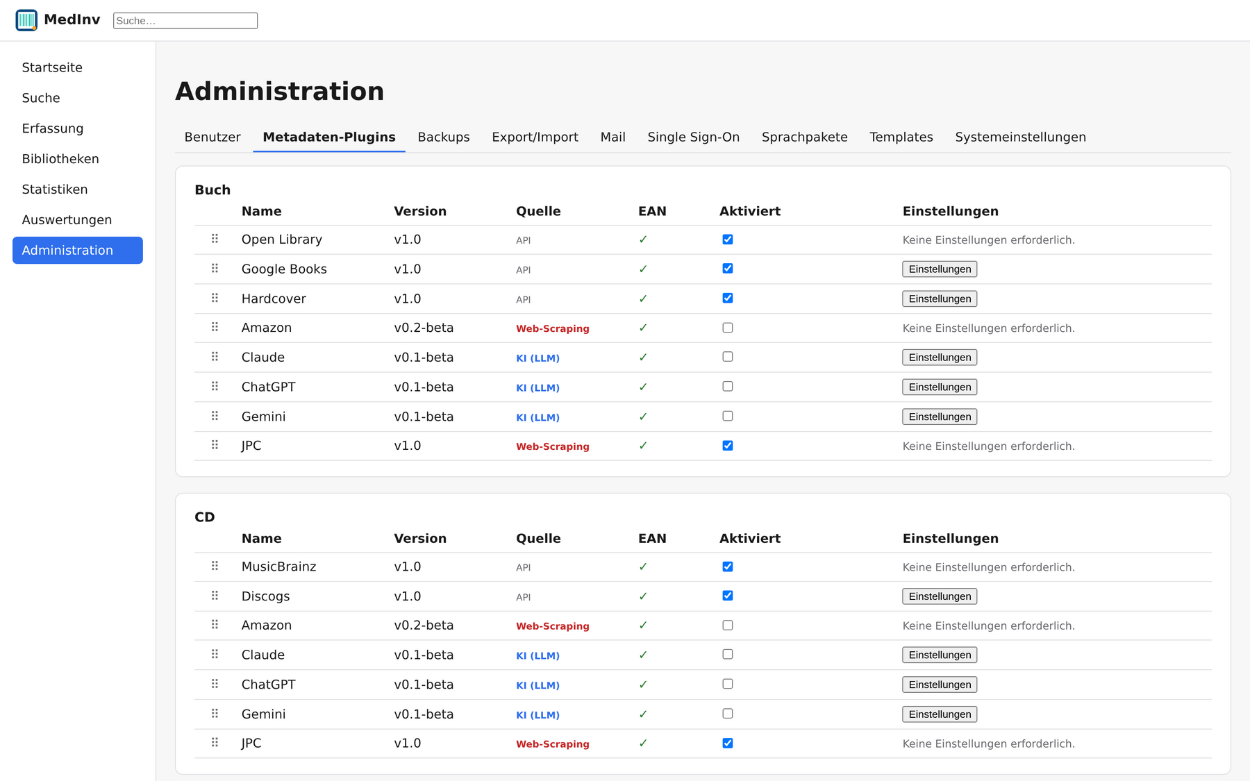 Plugin-Verwaltung mit Metadaten-Anbietern je Medientyp, Version, Quelle, EAN-Unterstützung und Aktivierung