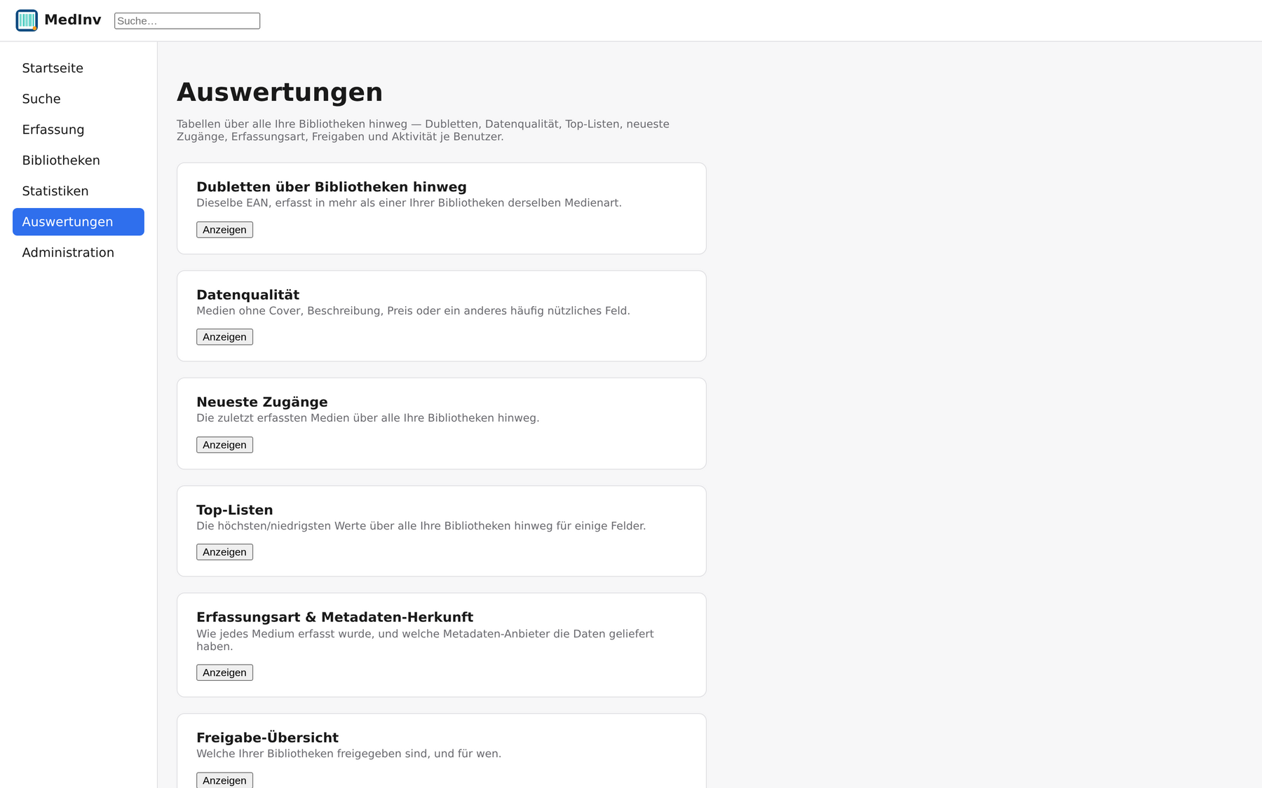 Übersicht der Auswertungen: Dubletten, Datenqualität, Neueste Zugänge, Top-Listen, Erfassungsart, Freigaben