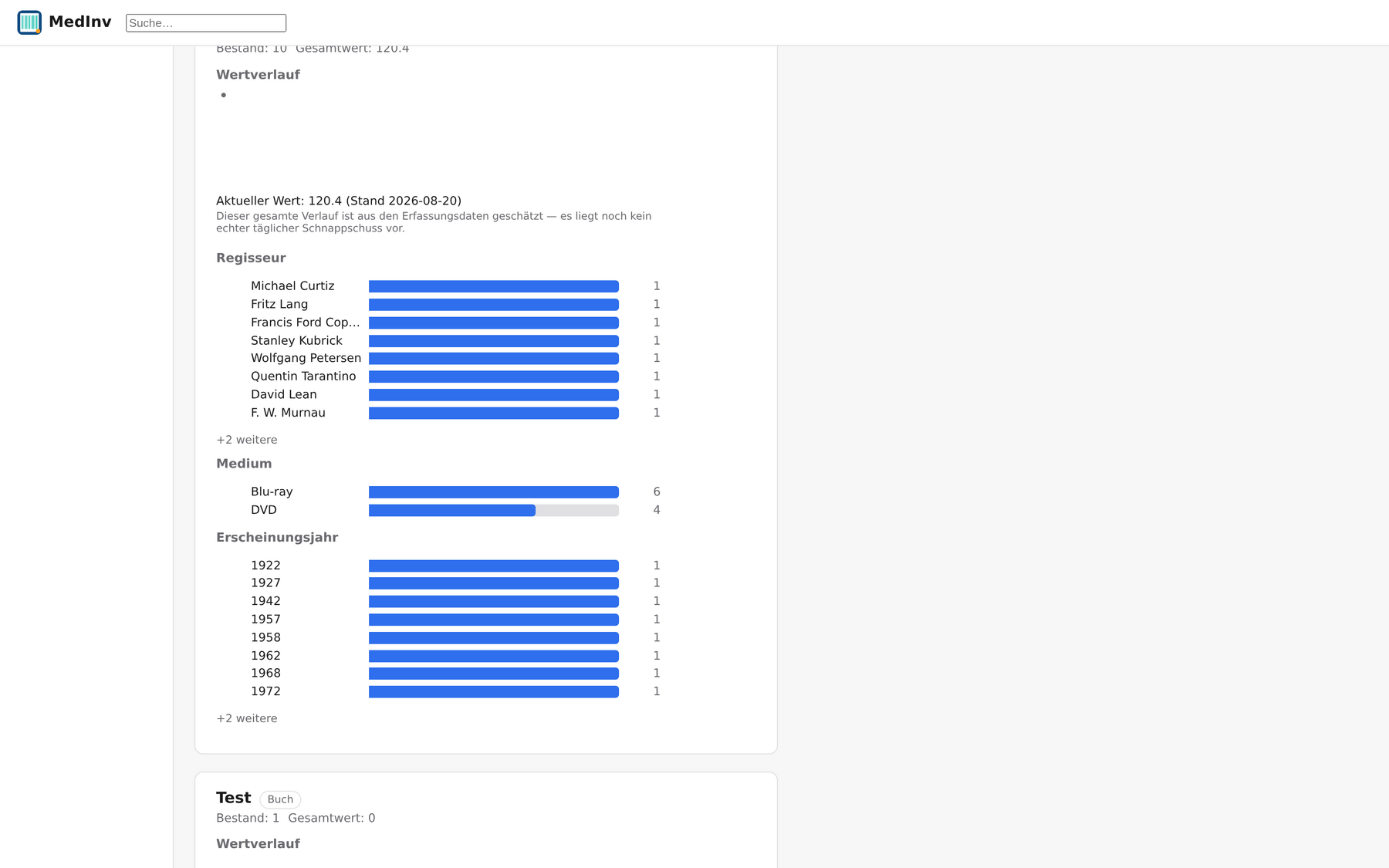 Statistik-Verteilungen nach Regisseur, Medium und Erscheinungsjahr für eine DVD/Blu-ray-Bibliothek